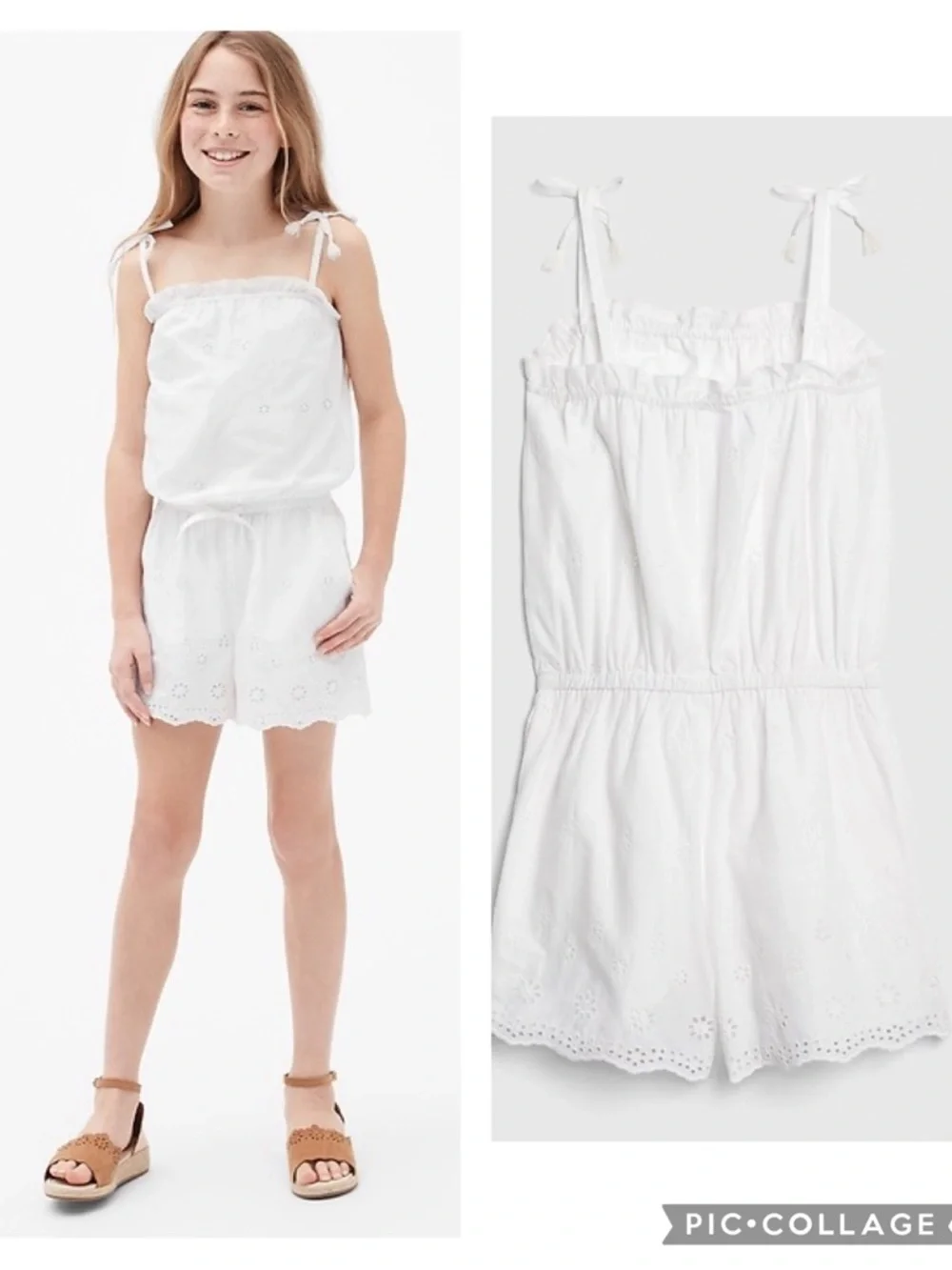 EUC GAP Girls' Cotton Ruffle Eyelet Tank Romper in Optic White